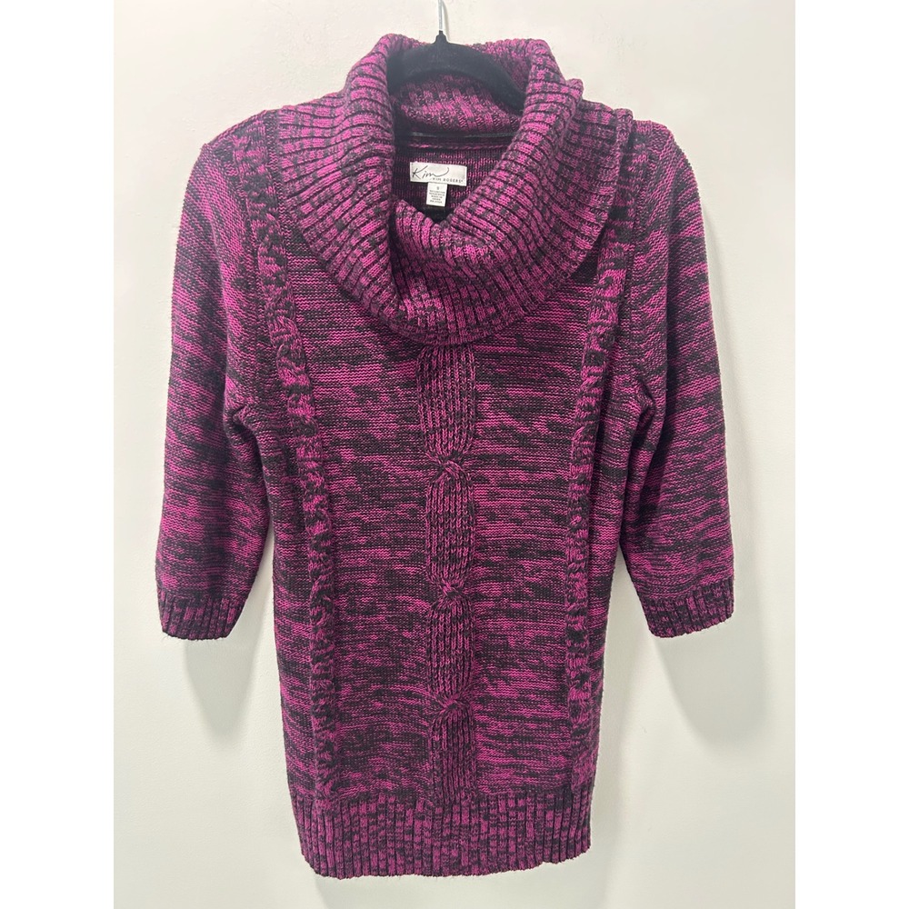 Kim Rogers Magenta Black Space Dye Cowl Neck Cable Knit Sweater Womens Small